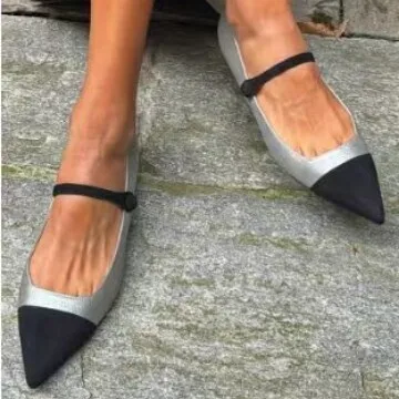 

Silver Mary Jane Flat Heels Pointed Toe Buckle Strap Shoes