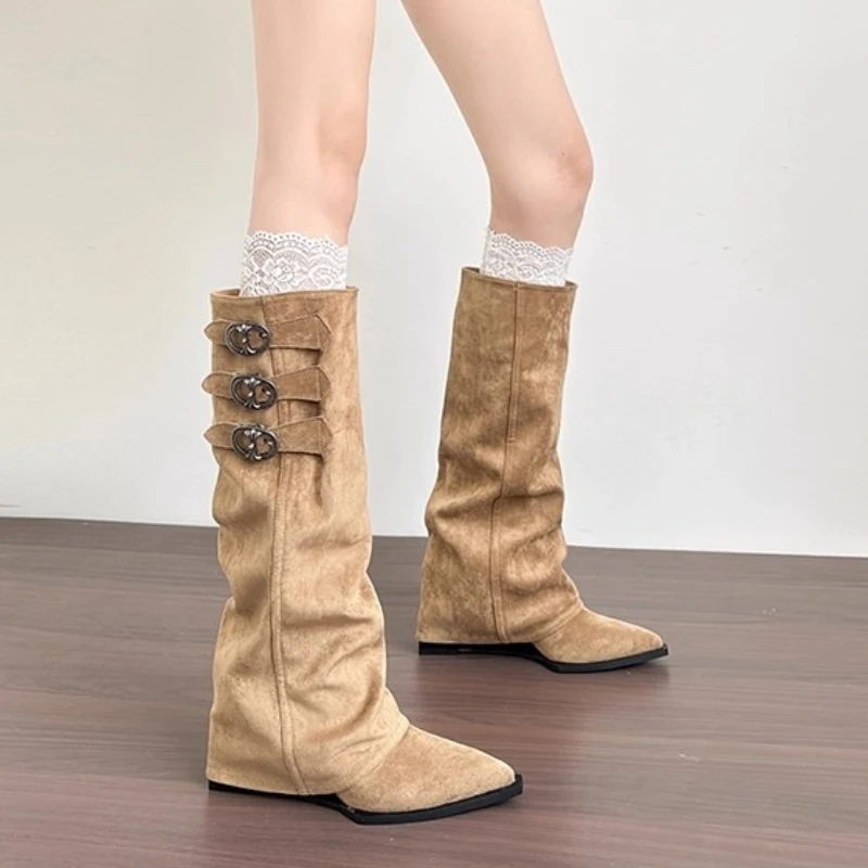 2025 Fashion Autumn Winter Low Heels Long Boot Splicing Buckle Strap Woman Knee-High Boots Square Style Female boot