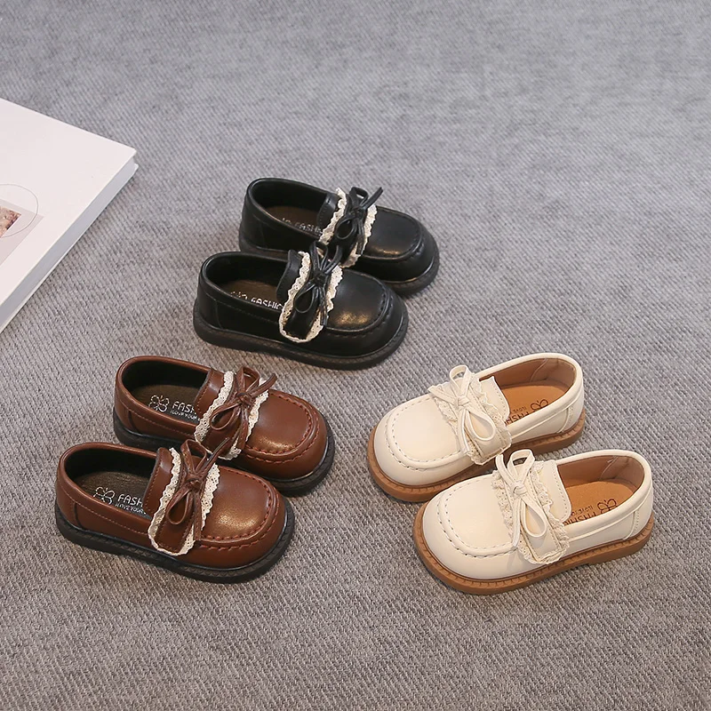 

Girls' Leather Shoes 2025 Spring/Autumn New Lace Bowknot Sweet Kid's Princess Shoes Lightweight Soft Soled Children's Shoes