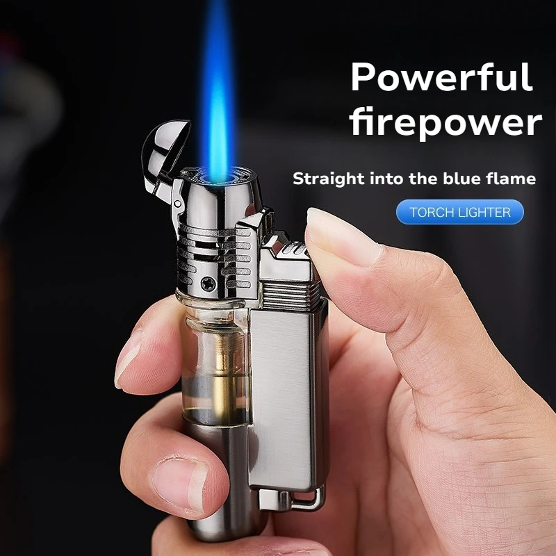 

Metal Round Machine Straight Into Transparent Air Box Inflatable Windproof Flame Lighter Smoking Accessories Cigarette Lighter