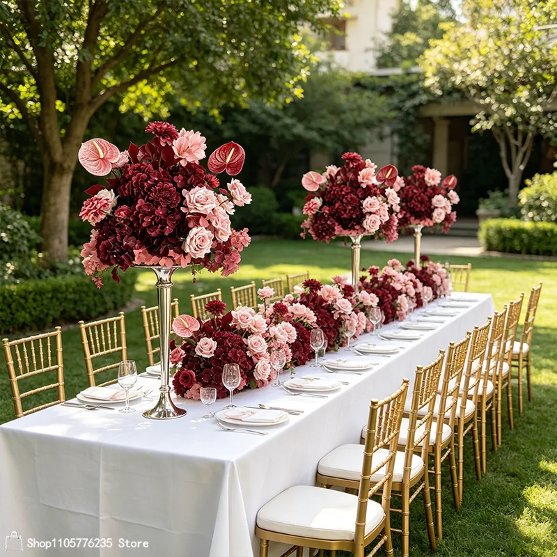 Künstliche Rosen-Hortensien-Anthurien Luxuriöses Blumenarrangement in Burgunderrot und Rosa für Hochzeitstisch, Bankett, Event und Partydekoration – Detail 3