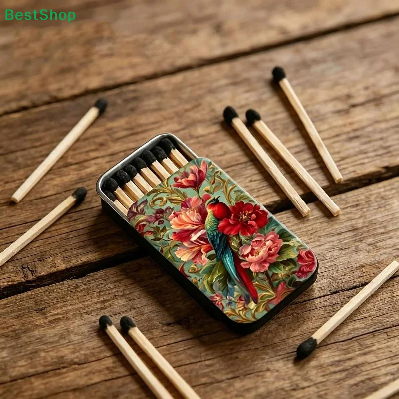 Vintage Embossed Metal Match Holder Tin Box Retro Leaf Floral Pattern Portable Match Case