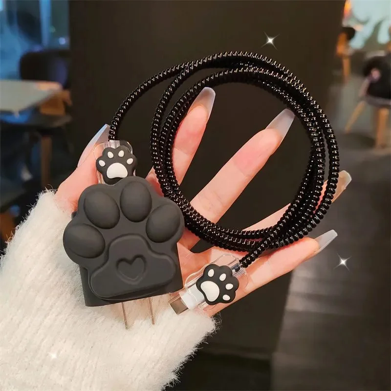 Korea Cute 3D Pink Black Cat Paw Soft Charger Protective Case For IPhone 11 12 13 14 18/20W Fast Charge Protection Charger Cover