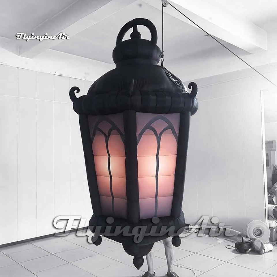 3m Spooky Hanging Giant Inflatable Halloween Lantern Vintage Black Street Lamp With LED Light For Haunted House Party Decoration