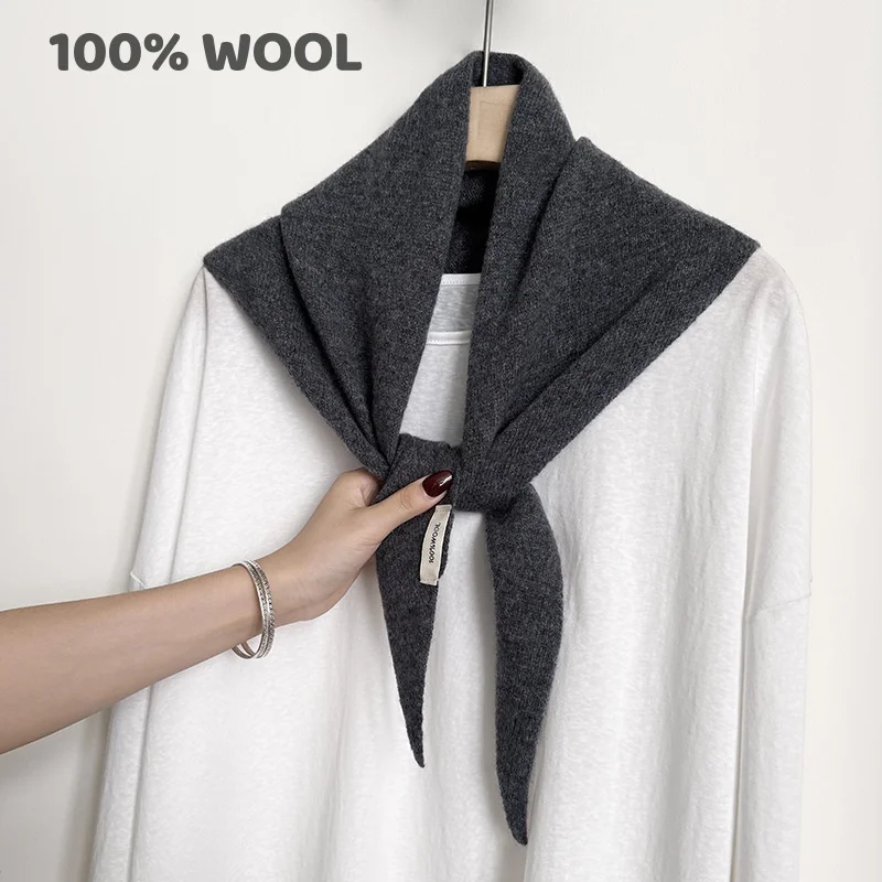 100% Wool Winter Scarf For Women Warm triangle Knit Scarves Hijab Solid Lady Shawl Wrap Female Pashmina Bandana Head Scarfs New