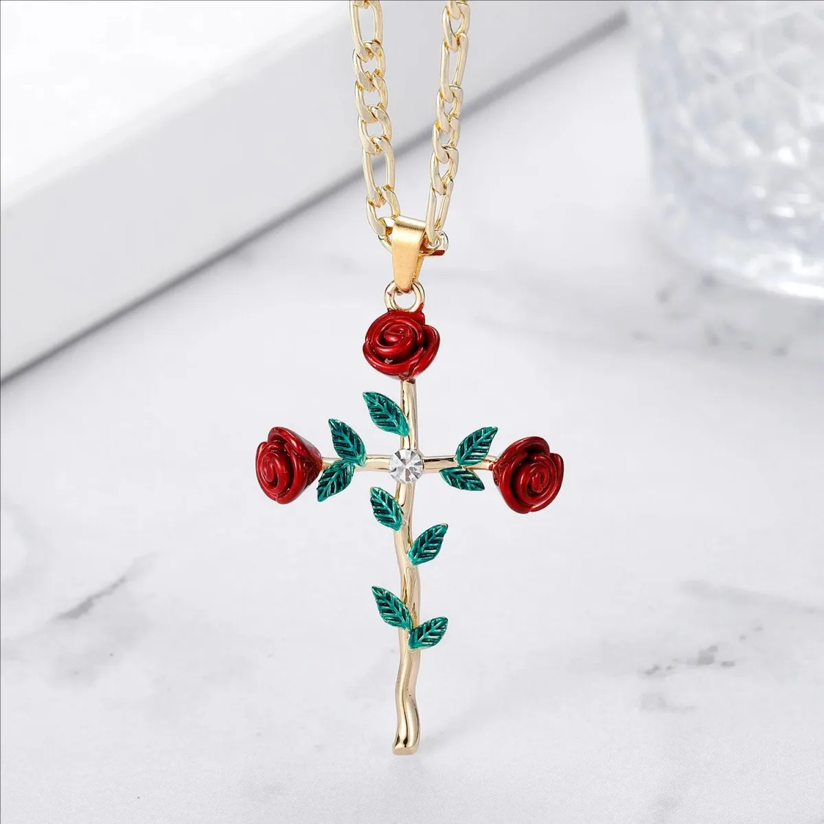 18K Gold Plated Tricolor Rose Zirconia Cross Personalized Rose Cross Necklace Christmas Gift