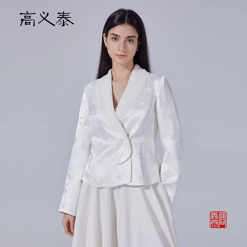 Gaoyitai 28 momme dull pattern pure silk long-sleeved fashionable slim short coat with pearl buttonsWY130