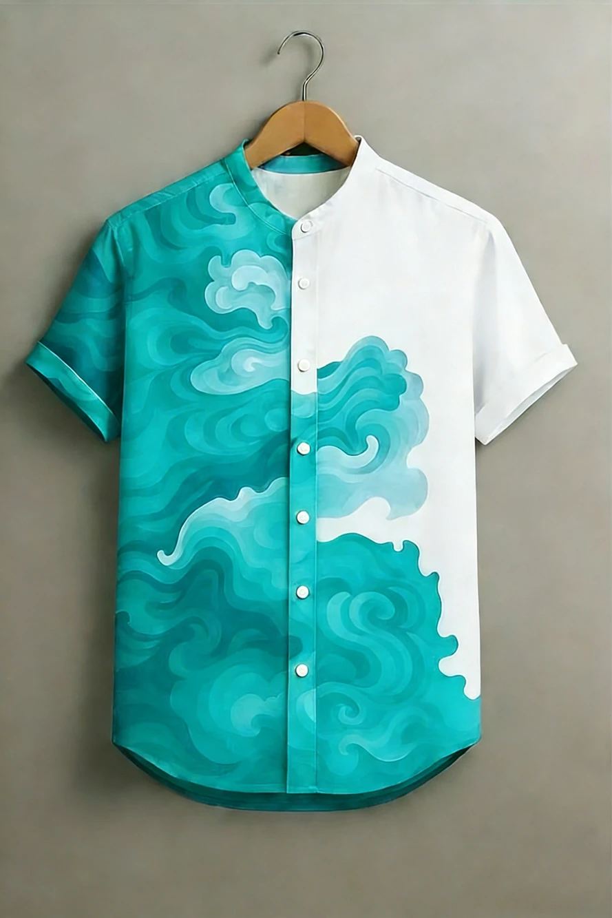 

2026 Men's Retro Stand Collar Short Sleeve Linen Shirt Color Rendering HD Printed Shirt Hawaii Vacation Designer Men's Clothing