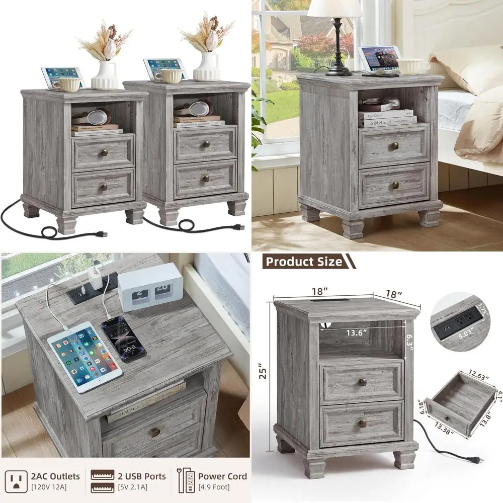 مجموعة منضدة محطة الشحن، طاولات نهائية ذات درجين باللون الرمادي الريفي لغرفة المعيشة وغرفة النوم، طاولات جانبية على طراز المزرعة الحديثة