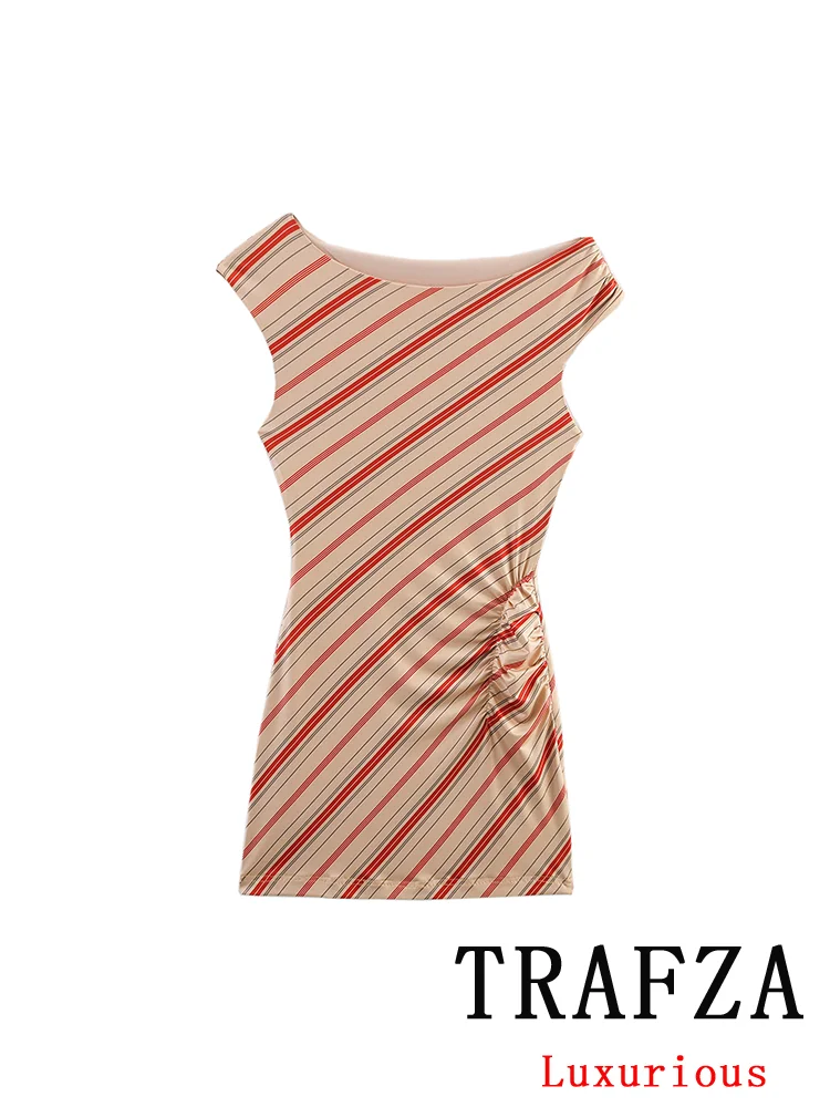 

TRAFZA Casual Chic Women Dress Off Shoulder Striped Asymmetric Shirring Mini Dress New Fashion 2025 Spring Summer Holiday Dress