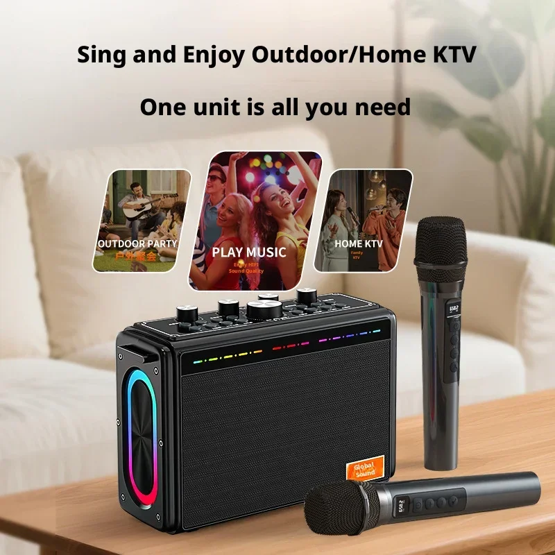 

Двойной беспроводной микрофон-колонка с RGB-подсветкой, Hi-Fi стереозвуком и Bluetooth для домашнего караоке