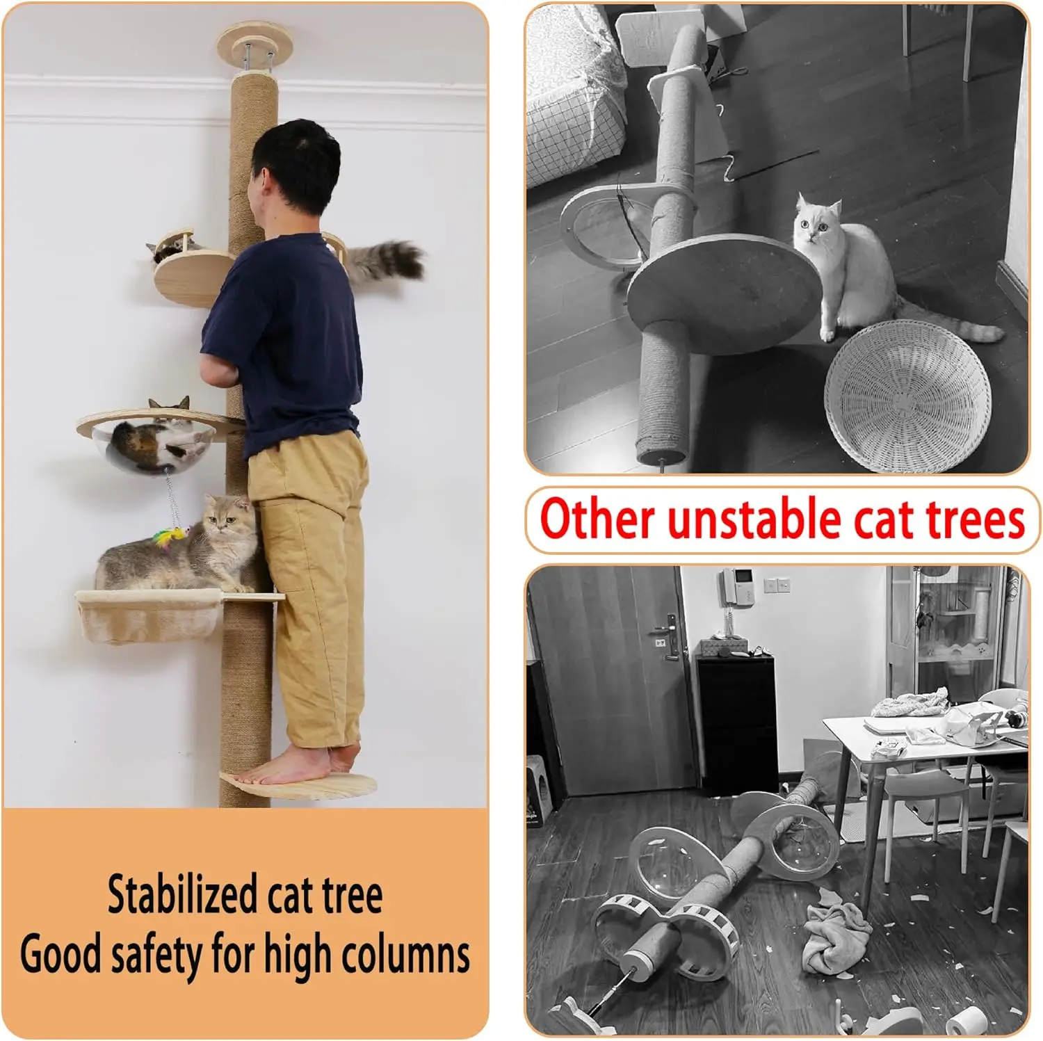 Floor Standing Cat Tree Height (50-120 Inch) Adjustable Cat Tower 5 Tier Hemp Scratching Post Tall Cat Tree Sturdy