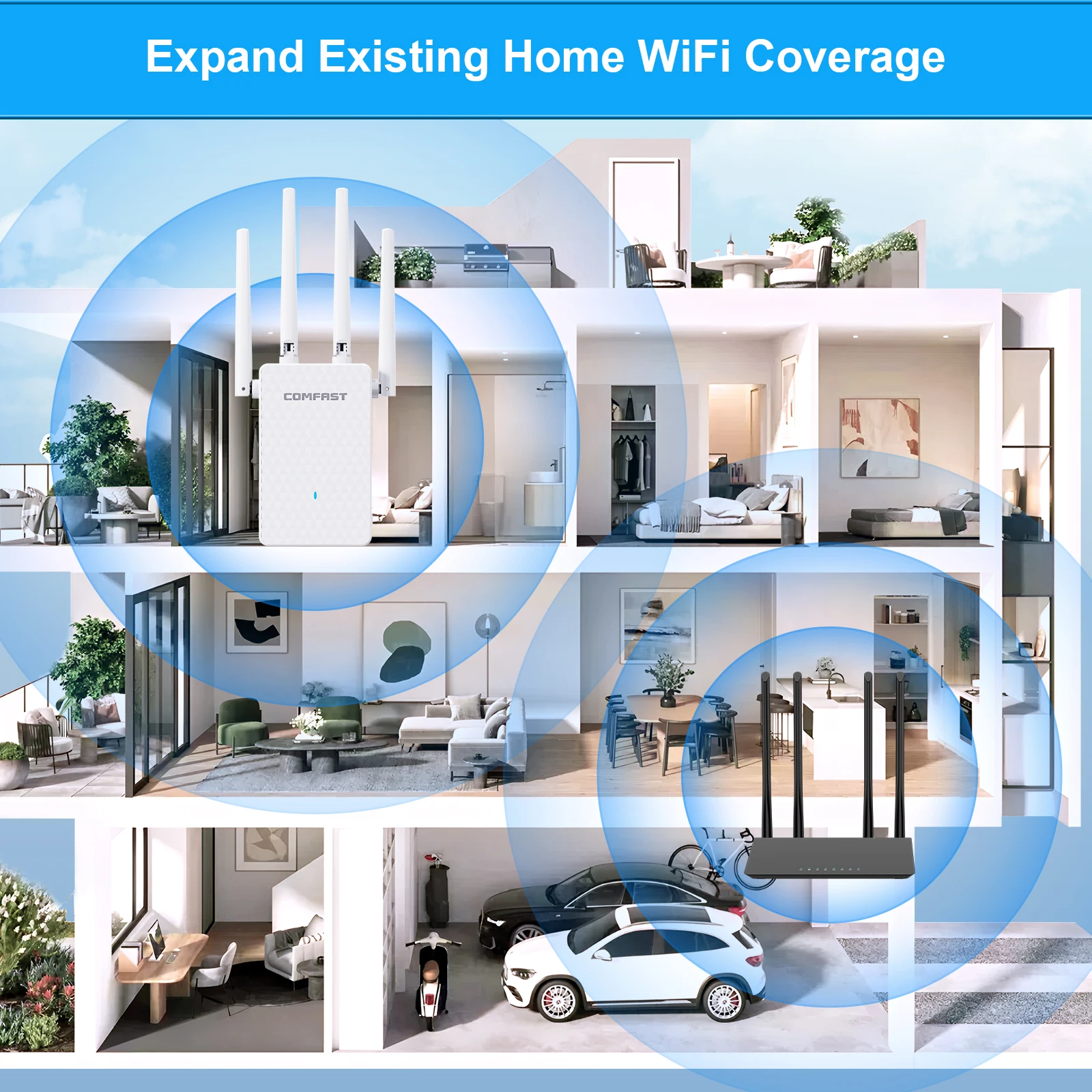 COMFAST 1200Mbps WiFi Repeater Smart Router Wifi Amplifier Dual Band 2.4G&5G Wireless Extender Signal Wi-Fi Long Range Amplifier