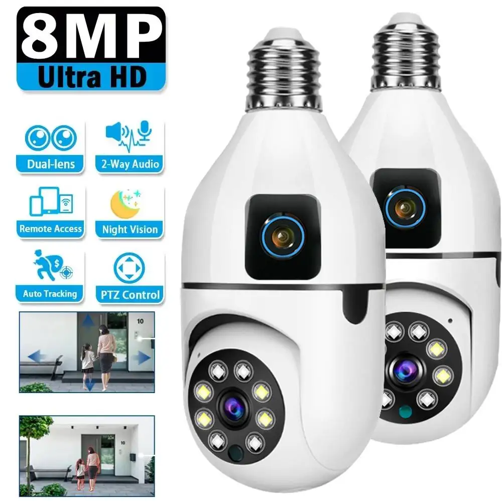 8MP E27 Bulb WIFI Camera Dual Lens Indoor Surveillance Two-way Audio   AI Human Tracking Wireless Voice Alarm Cameras Smart Home