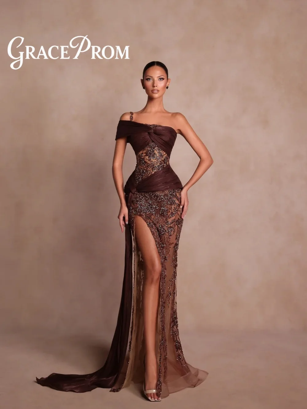 

GraceProm Chocolate Brown Mermaid Evening Dress 2026 Luxury One Shoulder Draped Satin Beaded Sheer Gown High Slit فساتين سهرة