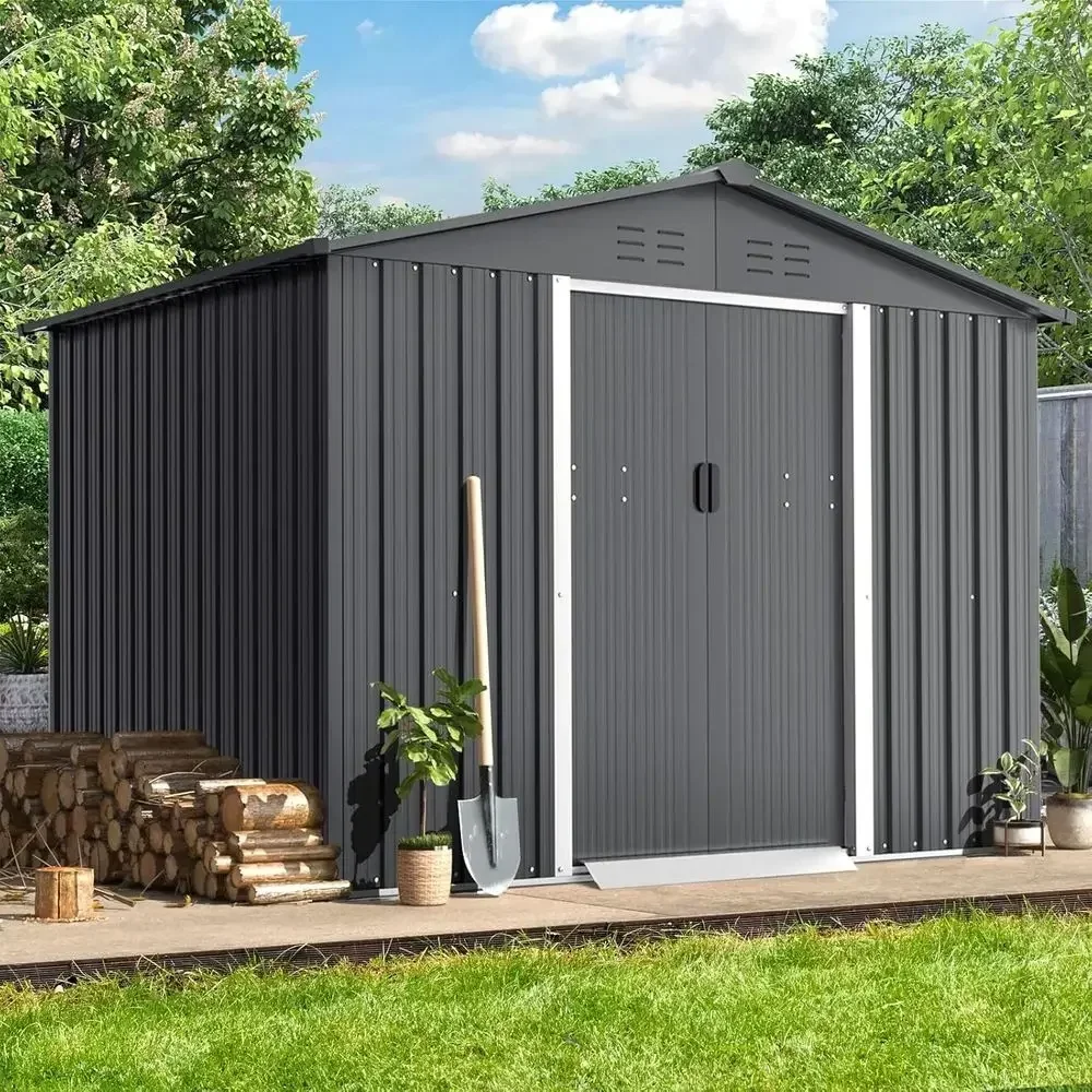 6x8 T Outdoor Storage Shed, Metal Shed Kit with Double Doorknobs and Air Vents, Double Sloping Roo Garden Shed, Galvanized Shed