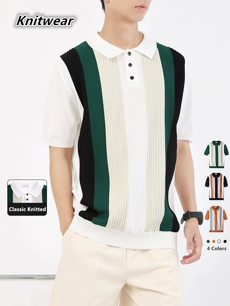 Men Stripe Print Polo Shirt Short Sleeve Knitwear Elastic Casual Summer Quality Icy Cool Comfortable Gentleman Camisas De Hombre