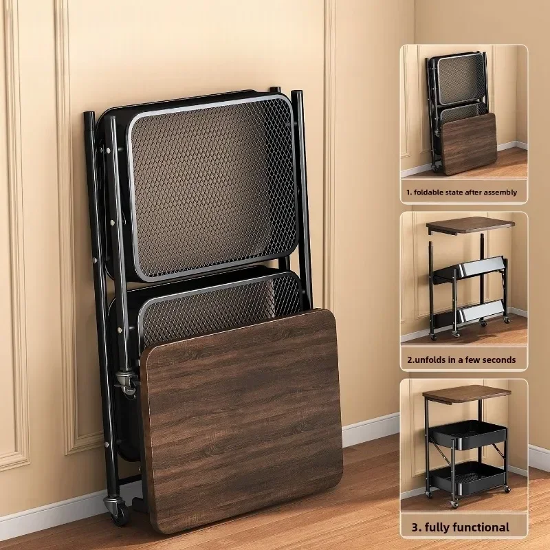 Strictly selected folding movable trolley rack bedroom snack storage with wheels sofa side few bedside bedside table image 3