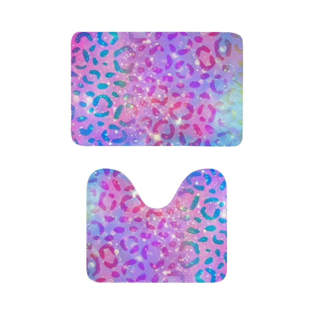 Colorful Leopard Sparkly 2 Sets Bathroom Antiskid Pad Non-Slip Bath Carpet Floor Mat Rug Flannel Baths Mat Bathroom Washable