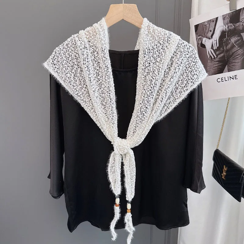 

Elegant socialite style handmade beaded pearl scarf shawl women, solid color, hollowed-out, soft, special yarn scarf, origin