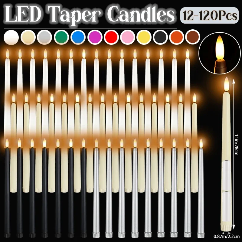 12-120Pcs Flameless LED Taper Candles Weeding LED Candles Battery Powered Candle Lights Flickering for Christmas Halloween Decor