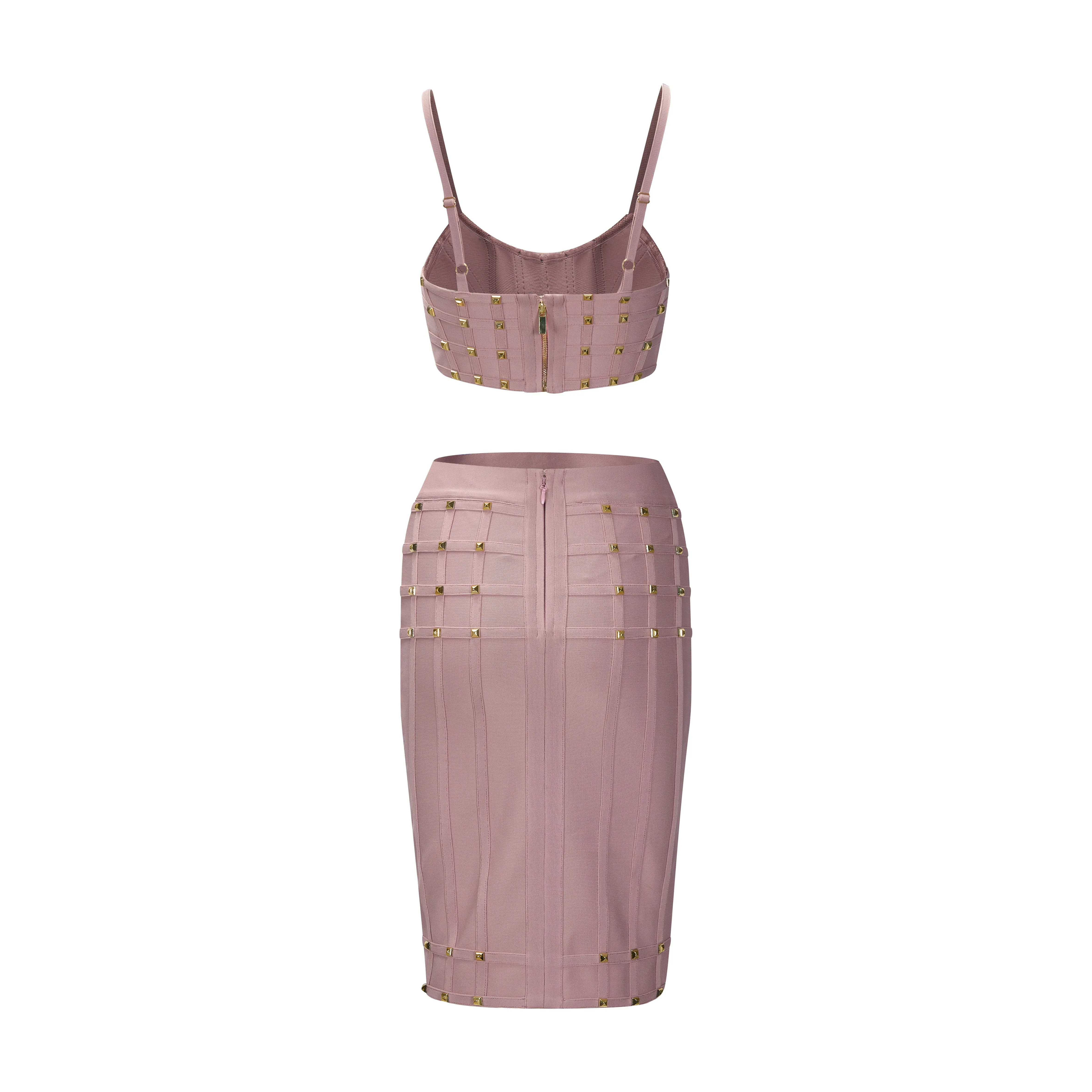ผู้หญิง Studded BANDAGE ชุด Camisoles และเอวสูงเข่าความยาวกระโปรง Elastic High Street 2 ชิ้นชุดชุดราตรีชุดคลับ