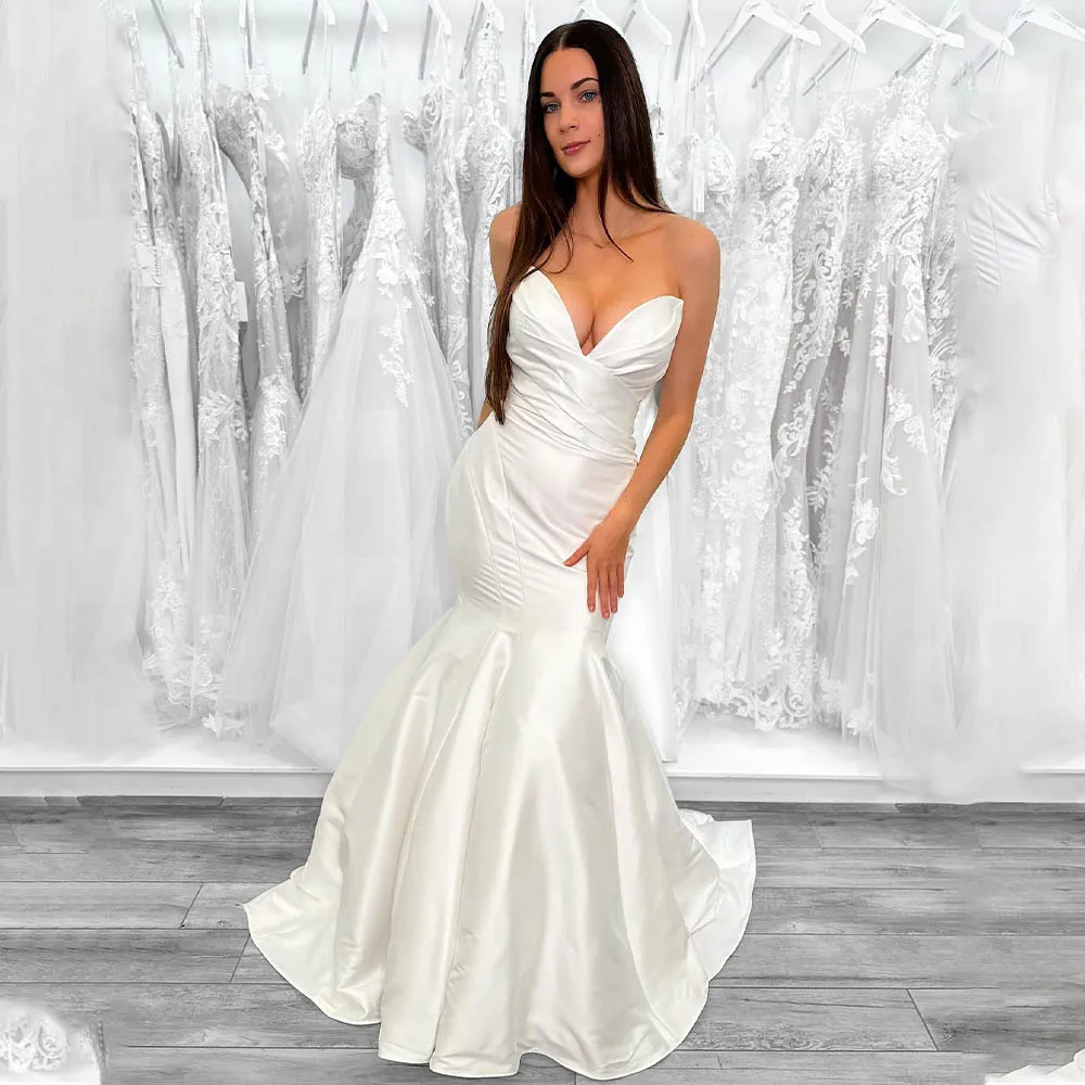 Elegant V-neck High Quality Satin Mermaid Wedding Dresses Sweep Train Custom Made 2024 Vestido De Noival