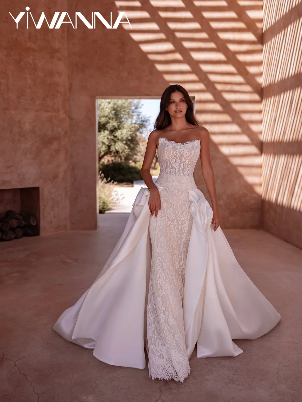 

Detachable Satin Train Lace Wedding Dress With Corset Strapless Mermaid Long Bridal Gown New Customized Dreamy Dresses For Bride