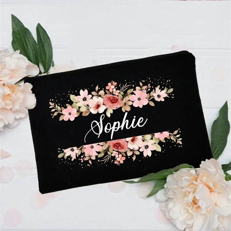 Personalized Makeup Bag flower with Name Bridal Cosmetic Case Monogram Toiletries Pouch Wendding birthday holiday Gifts for her