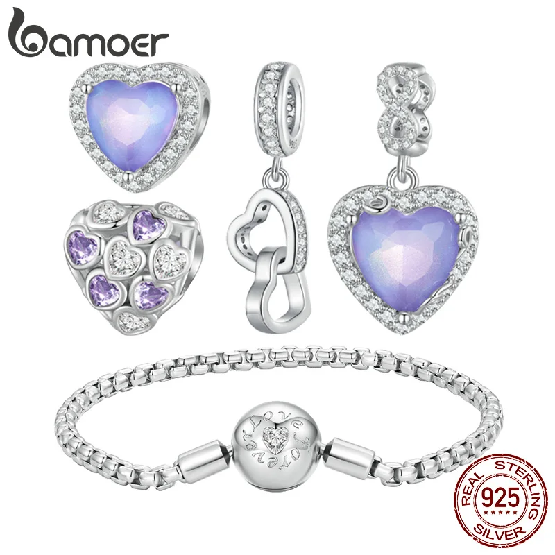 Bamoer 925 Sterling Silver Infinite Love Bead Purple Heart Zircon Charms for Women Bracelet and Necklace DIY Fine Jewelry