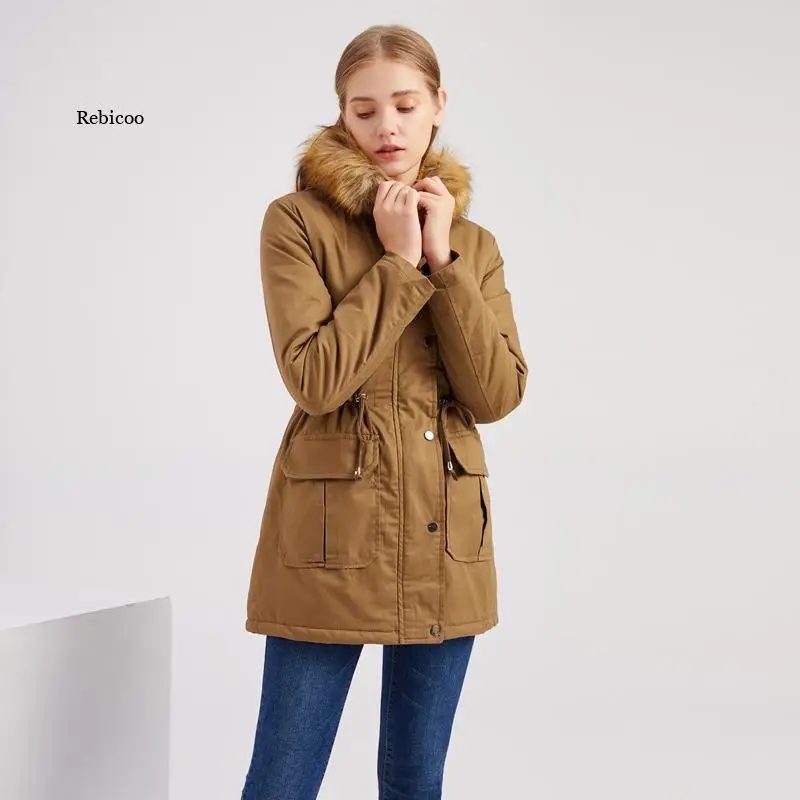 

Winter Women Hooded Down Jacket and Coat Lady Parkas With Fur Collar Long European Female Topcoats Warm Fleece Outwear Coat