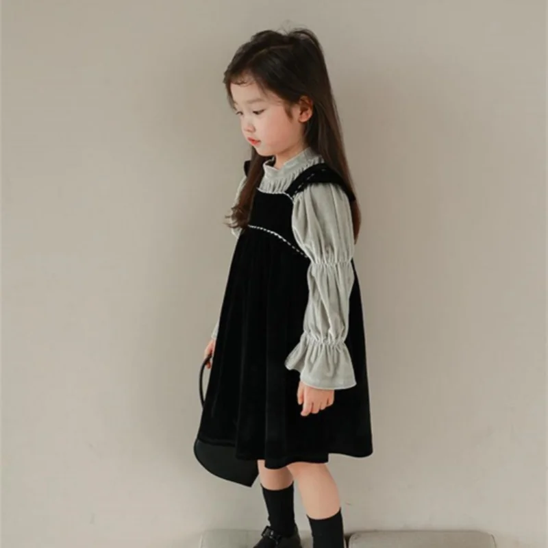 

Girls Tops +Dress Kids Suits 2PCS/Set Cotton 2024 Vintage Spring Autumn Cotton Tracksuit Sport Suits Children Clothing