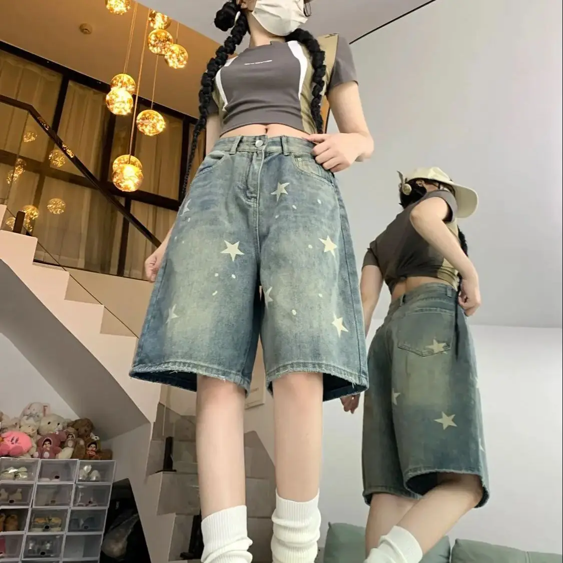 American Retro Washing Old Star Denim Shorts Spring Summer New Five-Point Women Street Straight Versatile Slim Wide-Leg Pants