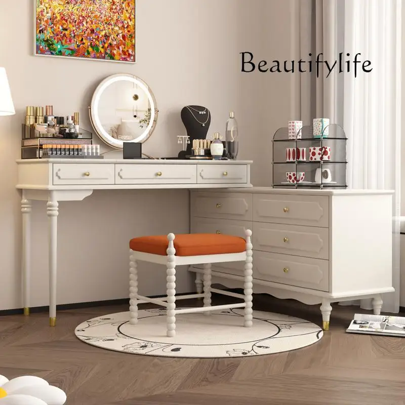 

1Cream chest dresser integrated American medieval solid wood dresser end corner retractable makeup table