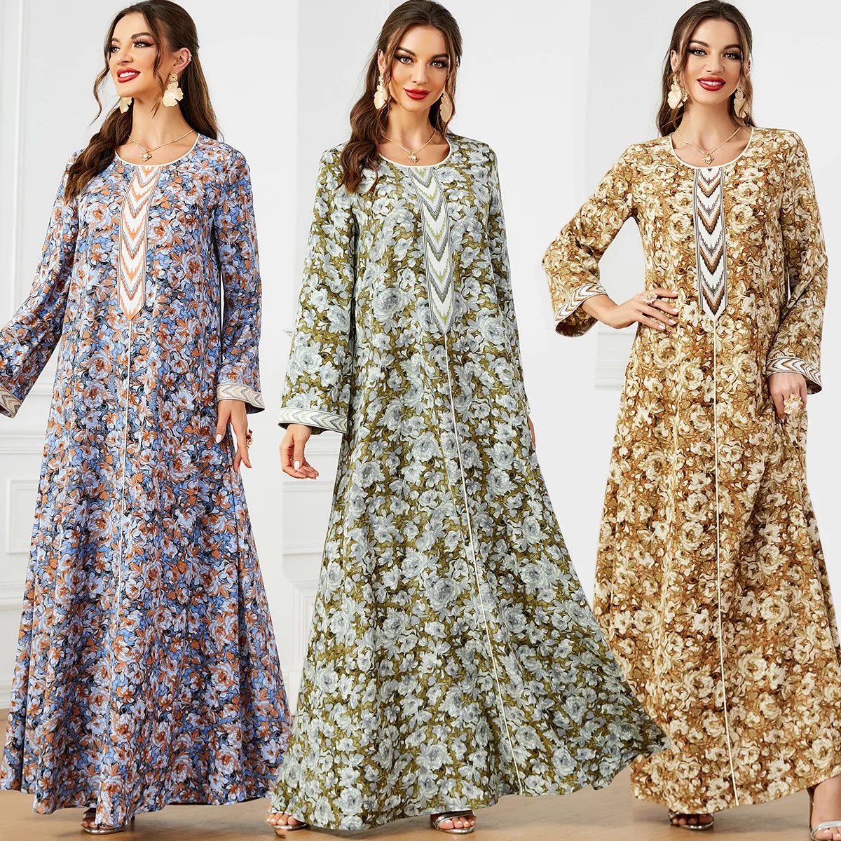 

Marocain Floral Print Abayas Women Muslim Maxi Dress Kaftan Dubai Turkey Robe Eid Djellaba Islamic Jalabiya Party Gown Vestidos