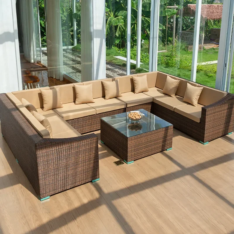 Outdoor Rattan Sofa Set Waterproof Sun Protection Garden Furniture for Courtyard Terrace Patio Sunroom Combination Seating