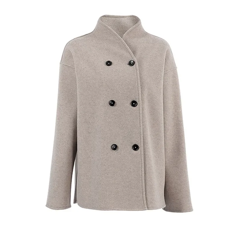 Women's  Stand Collar Woolen Coats Chic Single Breasted Full Sleeve Jacket 2026 Autumn Winter Lady Commute Outwear