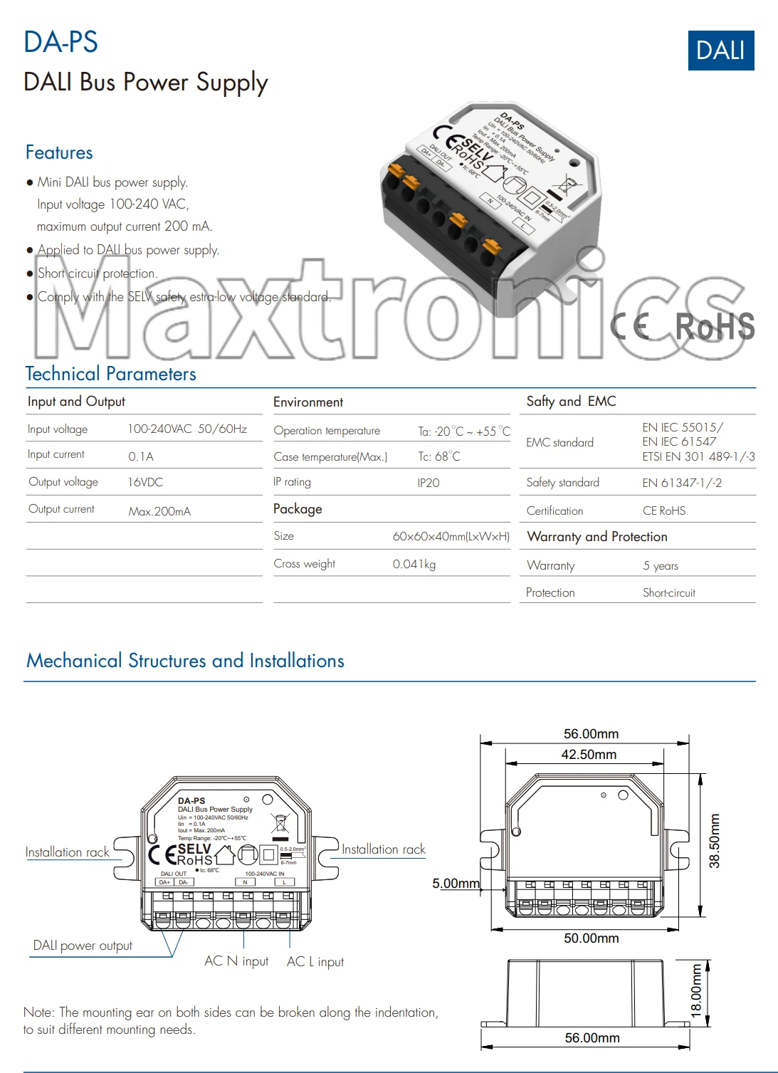 200mA DALI Bus Power Supply Repeater DA-PL DA-PD DA-PS Skydance 100-240V AC DALI Bus Power Supply Broadcast Unit DA-PB (DT6/DT8)