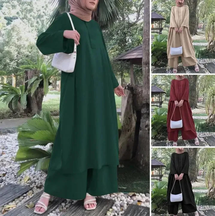 

2025 Muslim Two-piece Women's Solid Color Spring and Autumn Long Style Pullover Loose Plus Size Set Dubai Luxury Islam Elegant