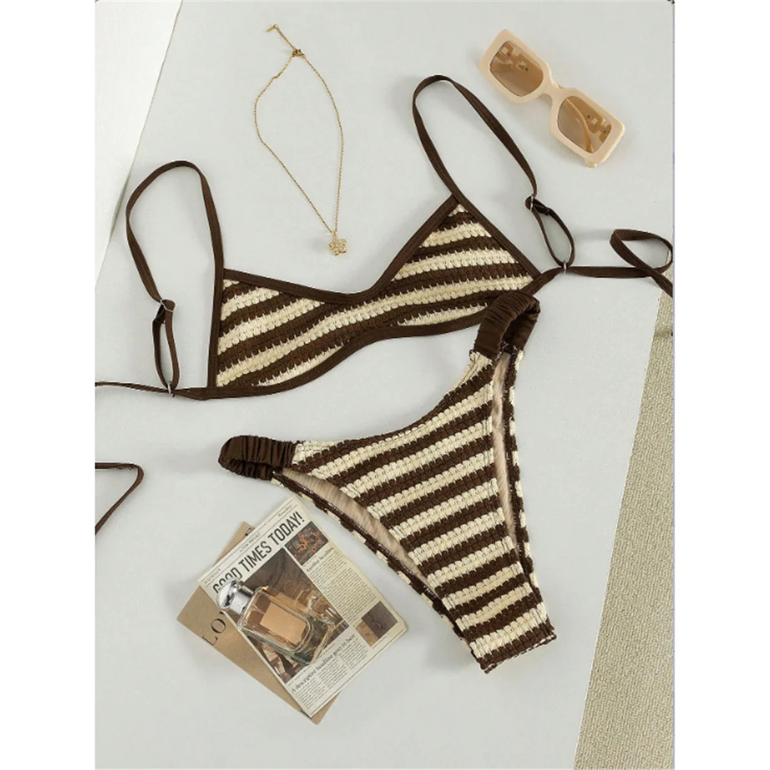 Gestreifter, gehäkelter, gestrickter Bikini, Damen-Badeanzug, zweiteiliges Bikini-Set, Badeanzug mit hohem Beinausschnitt, Badebekleidung, Schwimmanzug V8225 – Detail 4