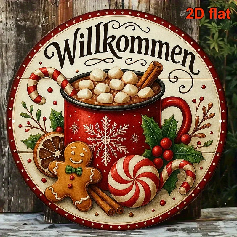 2D Flat, 1pc Extra Large German Welcome Sign - Vintage German Decor with Gingerbread, Chocolate Cups, and Candy Canes - Heavy-Du