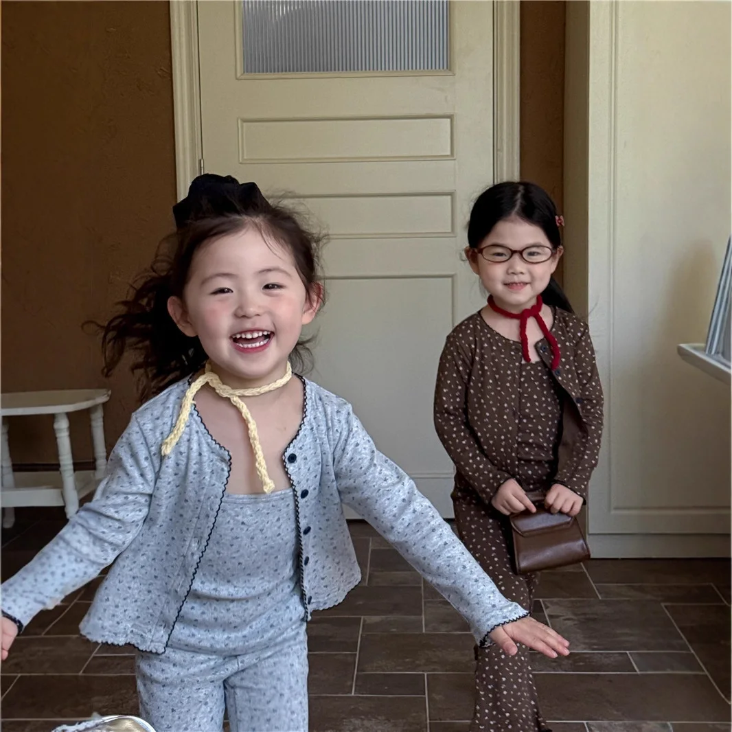 Coat Base Layer Cardigan Floral Top Pants Trousers Three Piece Set Child Clothing Girls Set 2025 Autumn New Style Korean Trendy