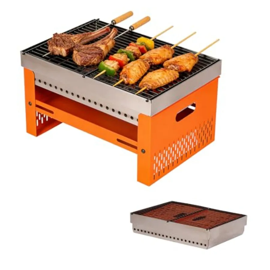 Portable Charcoal Grill, Small Tabletop BBQ, Foldable Mini Hibachi, Stainless Steel Camping Grill, Compact Outdoor Cooker for P
