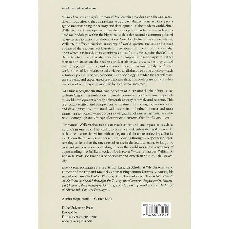 WORLDSYSTEMS ANALYSIS Wallerstein Duke University Press 9780822334422 Book