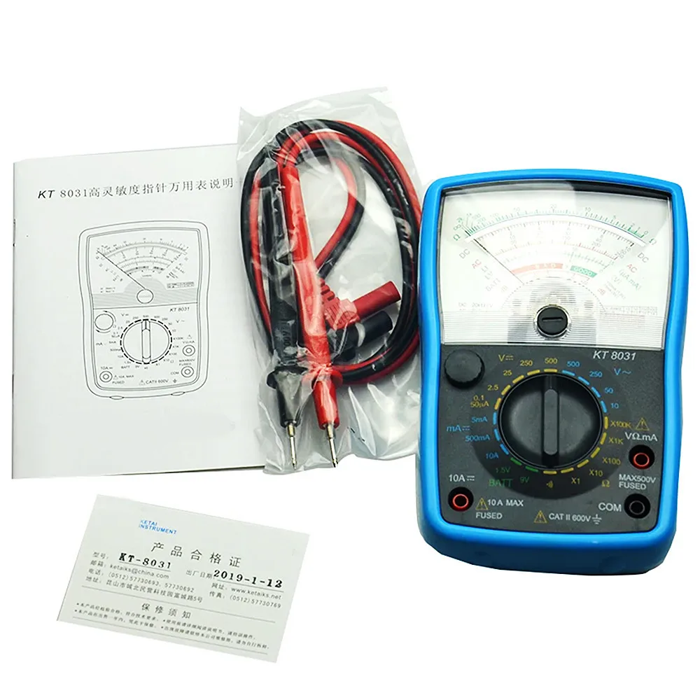 KT8031 High Precision Pointer Display Analog Multimeter AC/DC 500V 10A 20MΩ High Sensitivity Handheld Analog Multimeter