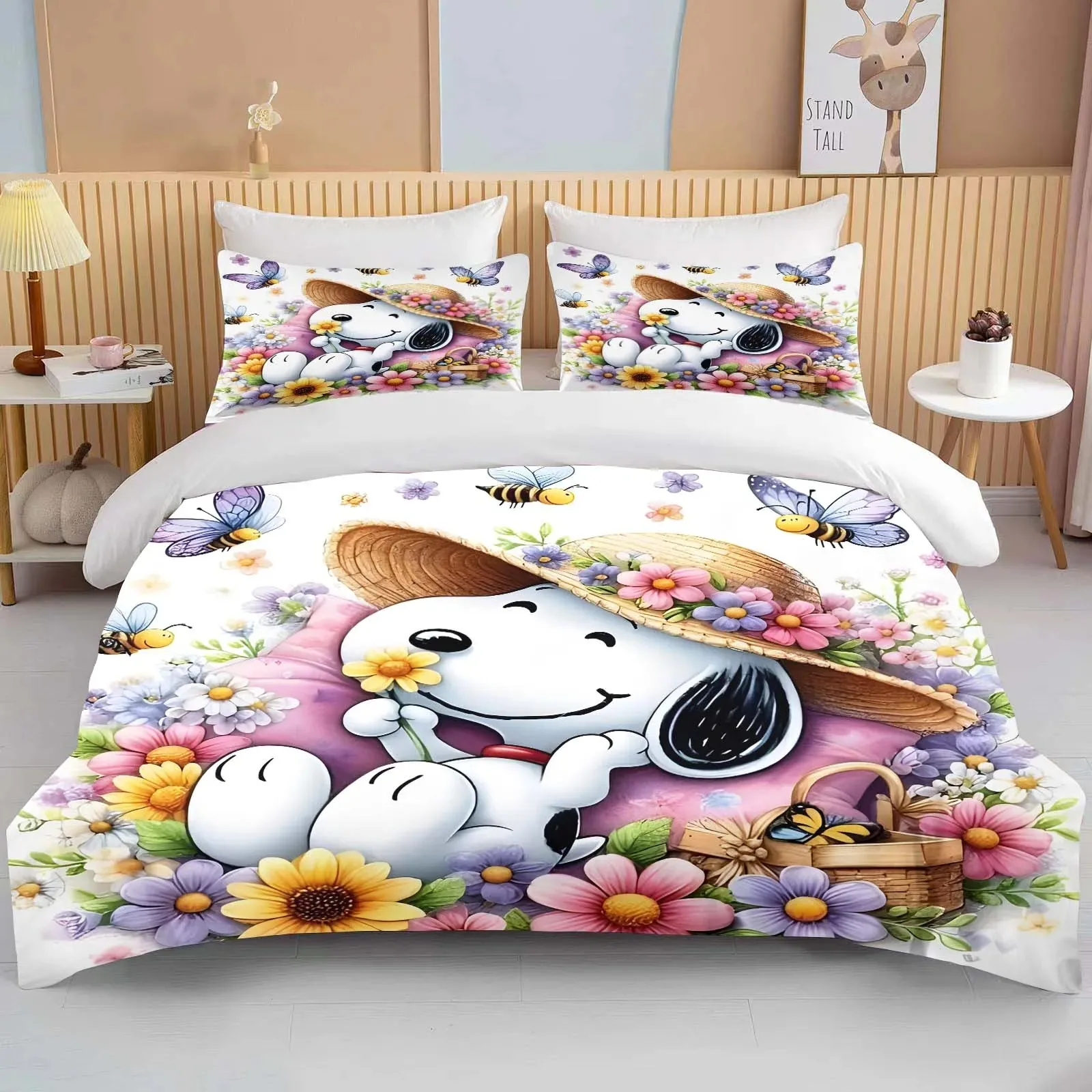 Cute Cartoon Duvet Cover e fronha de cama para adultos e crianças, Snoopy Cartoon Print, presente de aniversário, tamanho completo, cama, personalizável