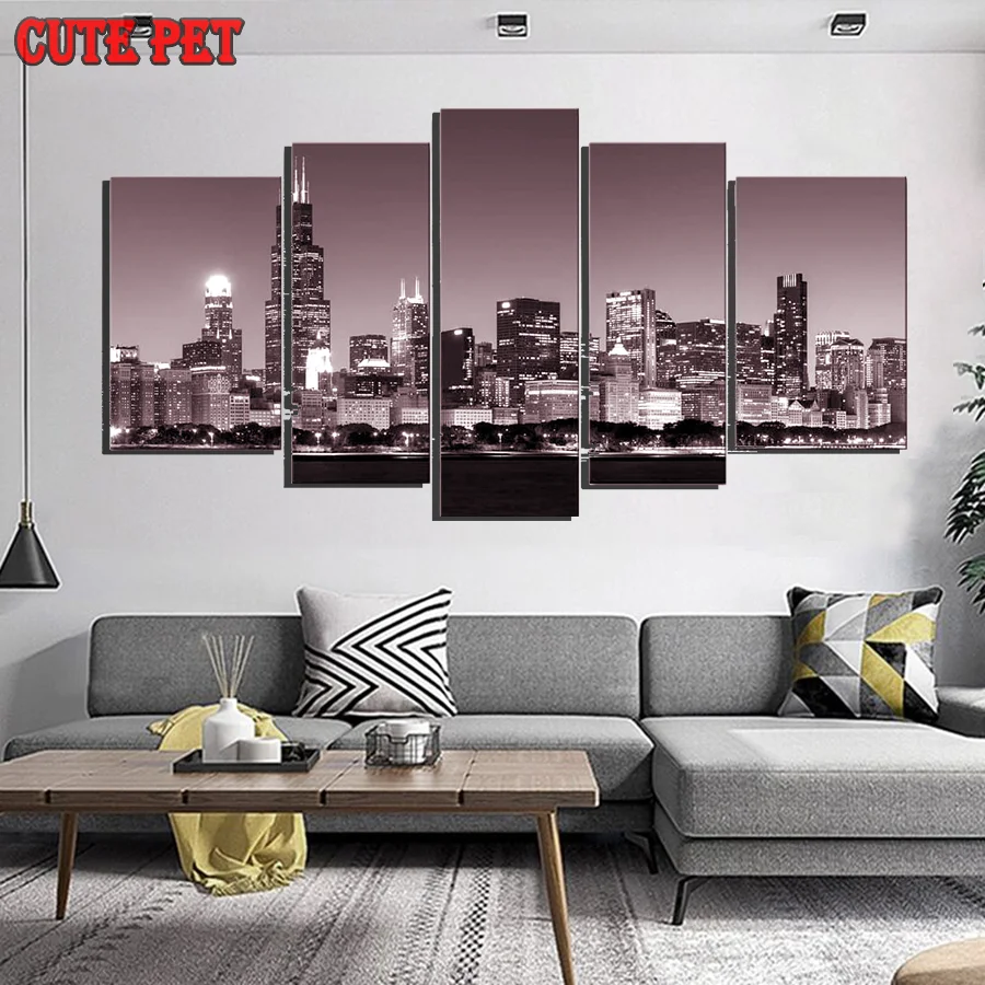 

chicago skyline at night Diy Diamond Painting 5D Embroidery rhinestone city View mosaic Diamond Embroidery Home Decor Art 5PCS