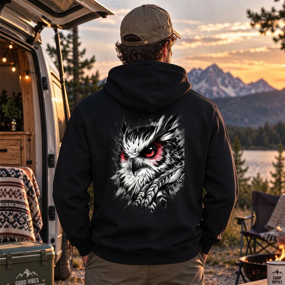 Owl Red Eyes Ink Splash Graphic Hoodie Unisex Wild Animal Owl Head Back Print Pullover Hooded Gothic Wildlife Casual Street Tops