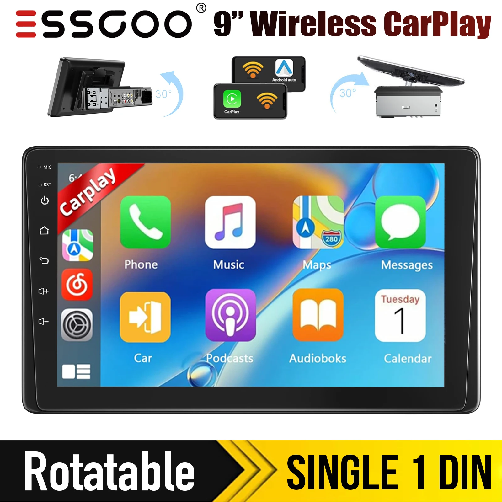 

ESSGOO 9" Single 1Din Car Stereo Radio Wireless Touch Screen Apple CarPlay & Android Auto MP5 Player Head Unit Bluetooth FM SWC