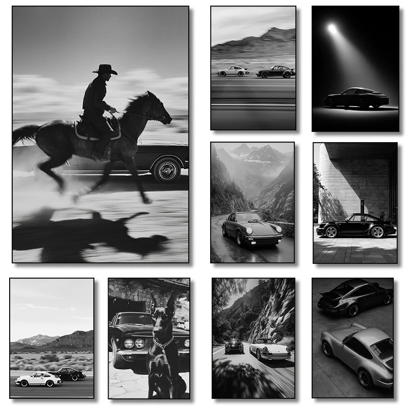 Black and White Luxury Car Racing Road Art Poster Canvas Painting Print Living Room Bedroom Entrance Bar Cafe Art Home Decor